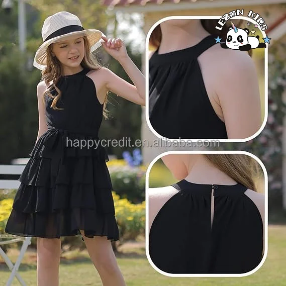 LEZONKIDS - Customizable Hot Sale Floral Ruffle Dress Halter Neck Kids Summer Chiffon Dress With Belt for Girls